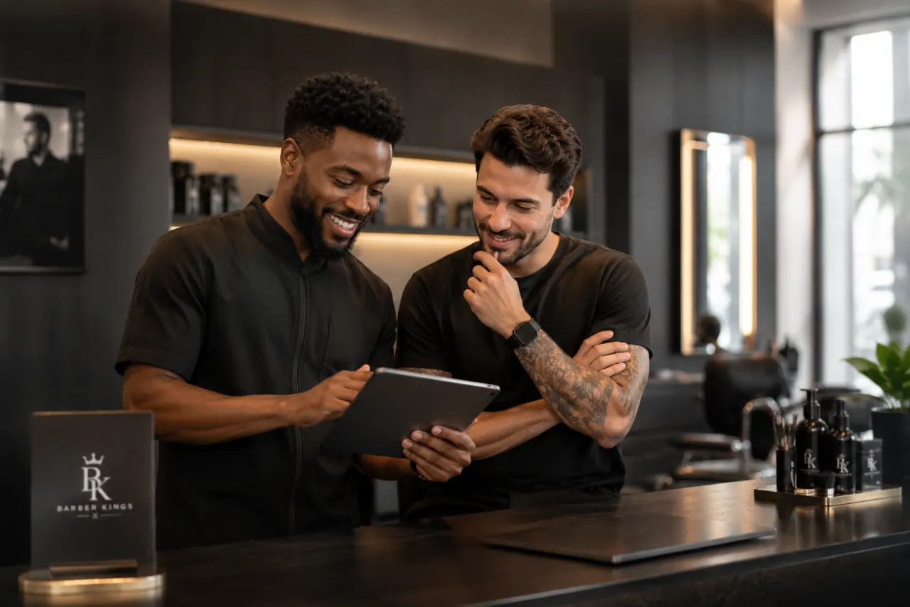 Profissionais de barbearia a gerir a agenda num tablet