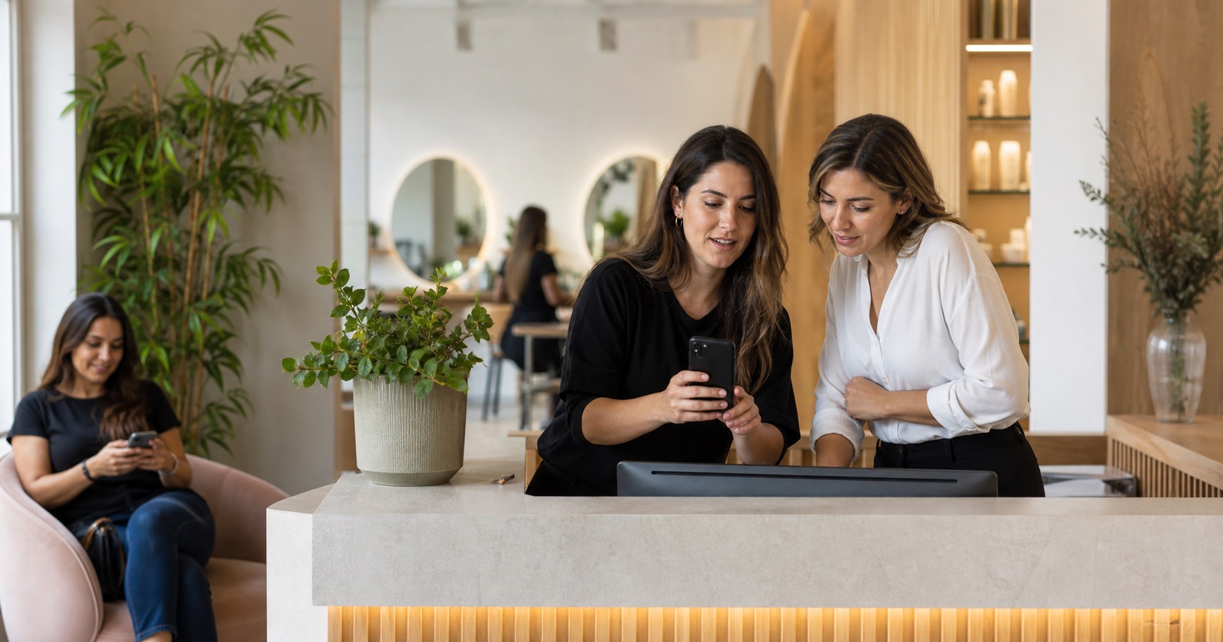 Rececionista de salão em Portugal a mostrar no telemóvel uma conversa de WhatsApp Business enquanto atende uma cliente