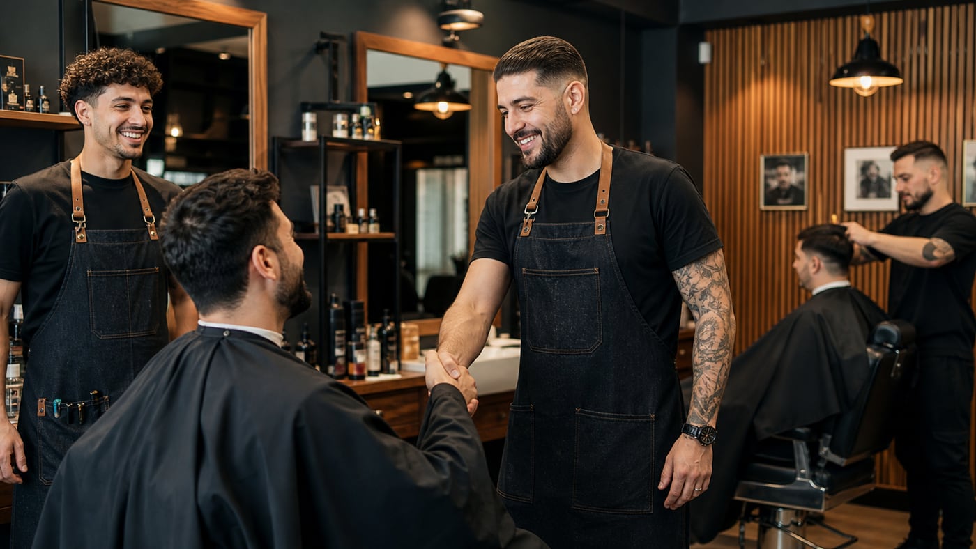 Equipa de barbearia a receber cliente em Portugal